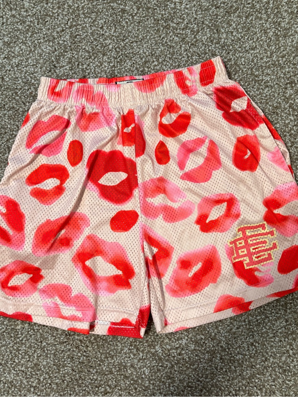 Pink & Red Lip-Print Athletic Shorts